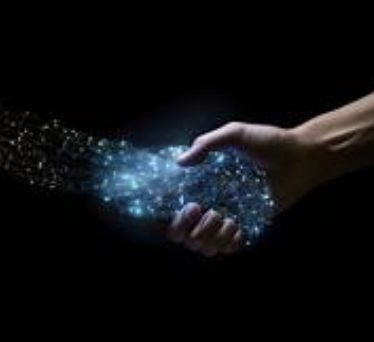 Two hands exchanging digital light particles, representing the transfer of information or intelligence