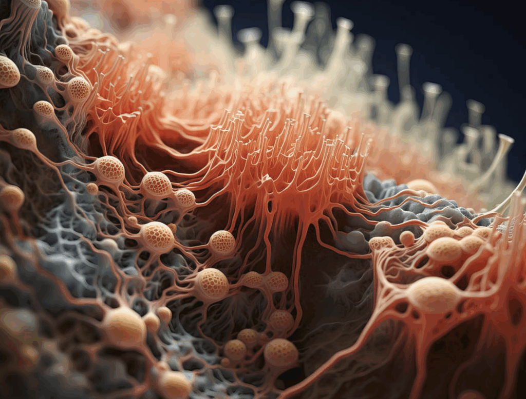 Artistic rendering of gut microbiome surface with cilia and microbes, highlighting biological complexity